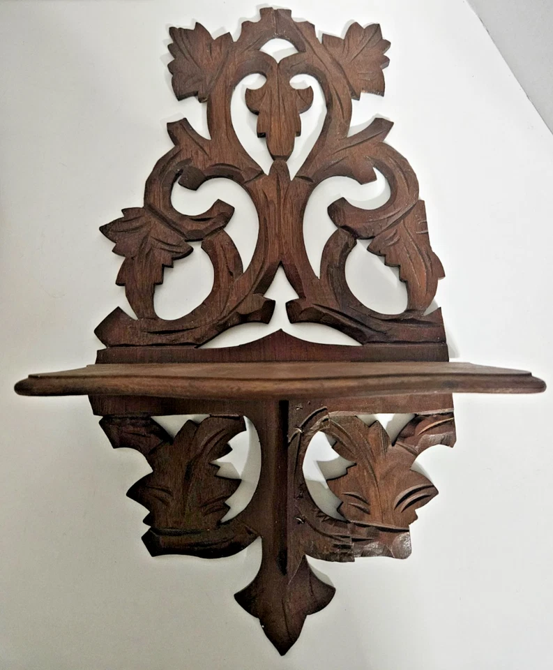 Estante de pared vintage de madera tallada a mano 18x10 hojas pergamino arte popular Foto 4 de 4