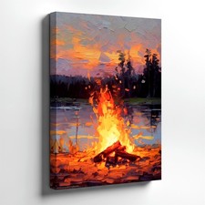 Wall Art Campfire by Lake Sunset Landscape Painting Print Rustic Nature Decor