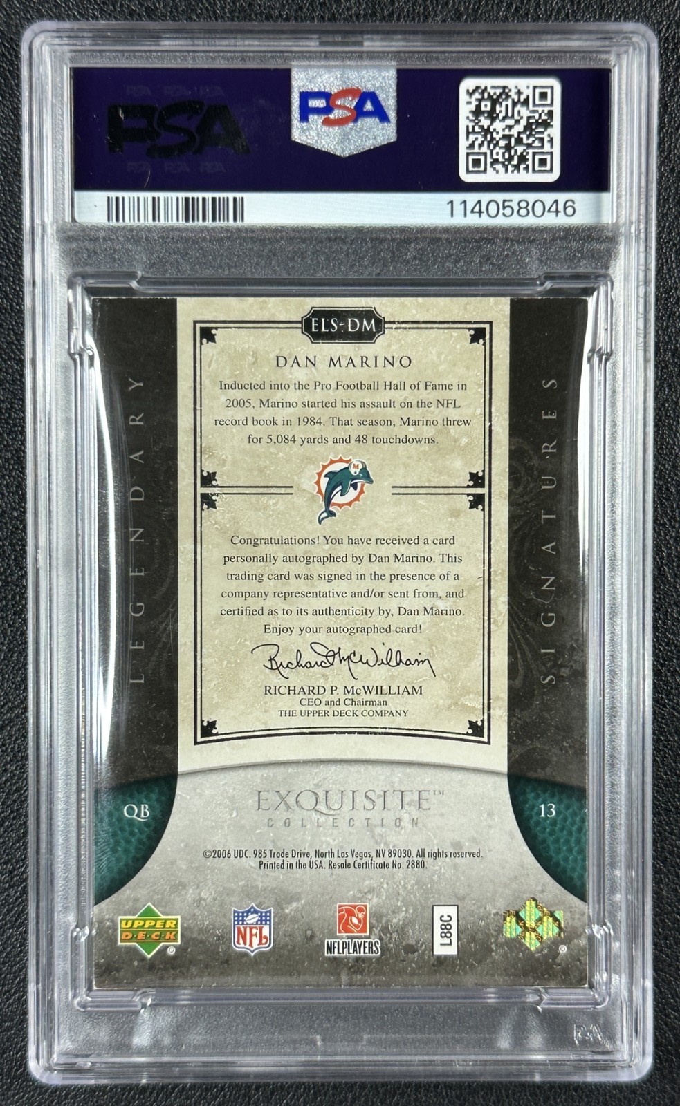 DAN MARINO PSA 6 2006 UPPER DECK EXQUISITE COLL #ELS-DM LEGENDARY AUTO 18/25 view 2