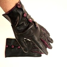 Vintage Black Leather Burgundy Trim Button Gloves Italy Sz 7 Glam Retro Goth