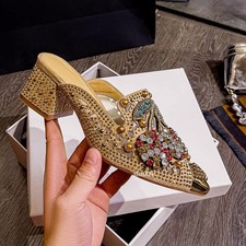 Womens Slippers Summer New Mesh Rhinestone Pointed Toe High Heels Party Slippers