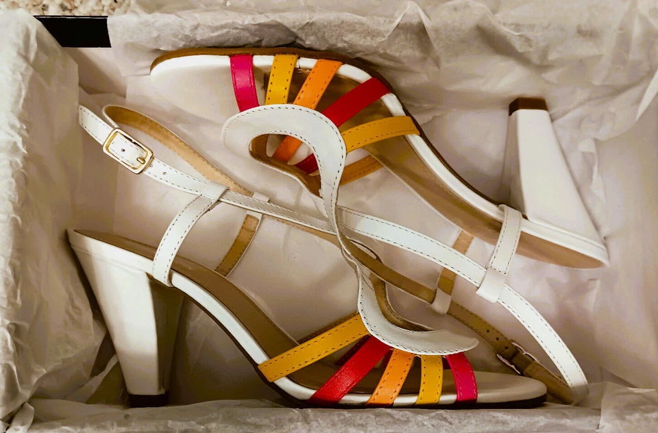 Chelsea Crew 'Adelle' Heels, White Leather w. Sunset Color Straps Size 10, Boxed - Image 3 of 4