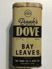 Vintage Frank's Dove Bay Leaves Tin - Empty, 5” Tall, Beautiful Patina