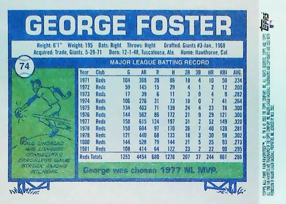 2003 TOPPS ALL-TIME FAN FAVORITES #74 GEORGE FOSTER CINCINNATI REDS - Image 2 of 2