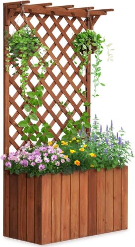 New- Raised Garden Bed Wood Planter Box with Lattice Trellis for Vine Cl