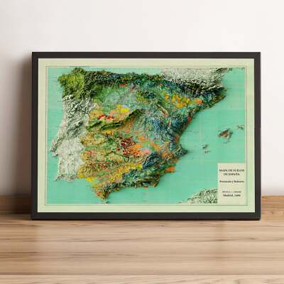 Spain Map, Spain 2D Relief Map, Spain Vintage Map - 2D Flat