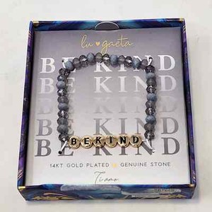 Authentic Lu Gaeta Gray Faceted Stone Bead Stretch Bracelet 14kt Gold Plated Be Kind