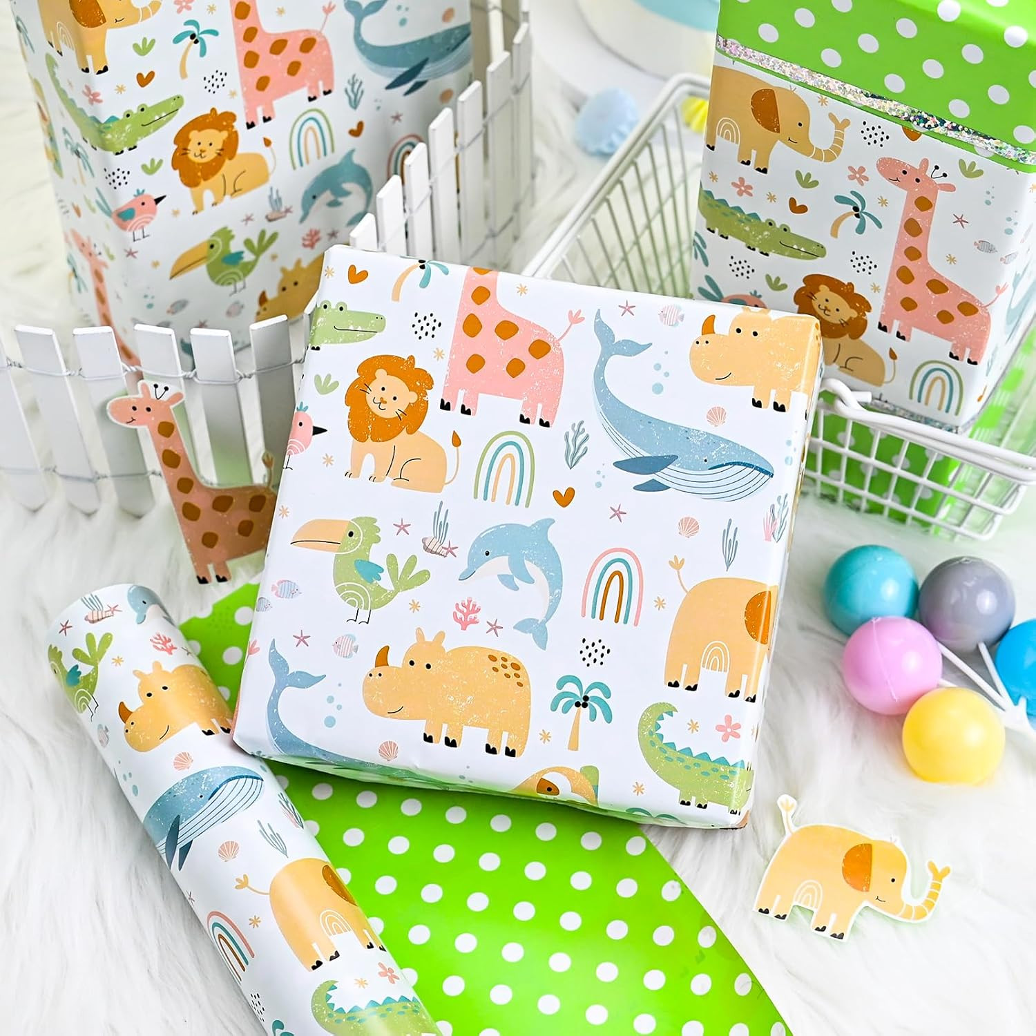 Baby Wrapping Paper Neutral - 17Inch X 33Feet - Reversible Cute Baby Boy Green A