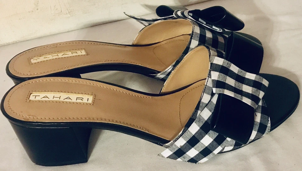 TAHARI Danbury Womens Open Toe Mules Slide Sandals Black Plaid Checked US Sz 8.5 - Image 3 of 4
