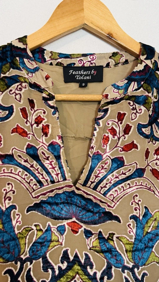 Anthropologie Feathers By Tolani Bohemian Crushed Velvet Floral Shift Dress SM - Image 4 of 4