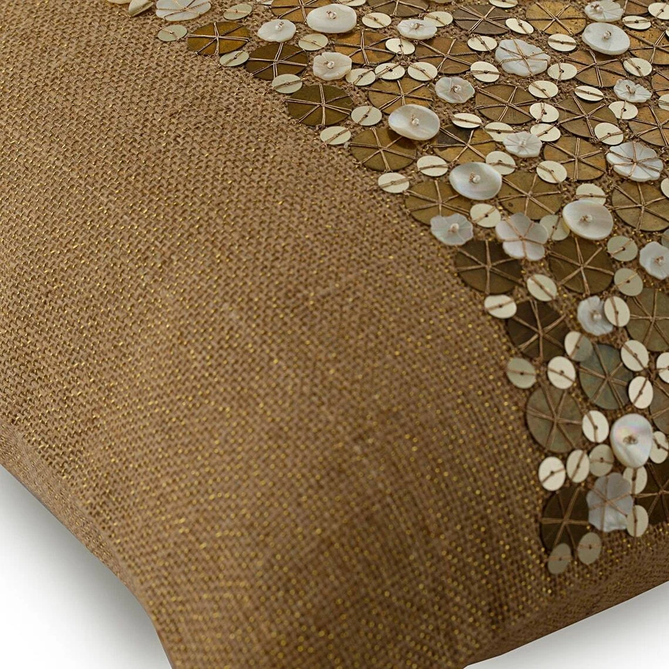 Pillow Cover Beige 16"x16", Bed Decor Cotton Floral - Gold Silver Sands - Image 2 of 3