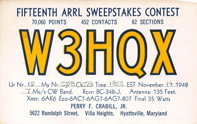 Hyattsville Md ~ 15th Arrl Sweepstakes Contest Ergebnisse ~W3HQX~ 1948 QSL