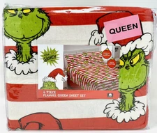 Dr Seuss THE GRINCH Queen Size Cotton Flannel Sheet Set  Christmas (cozy & warm)