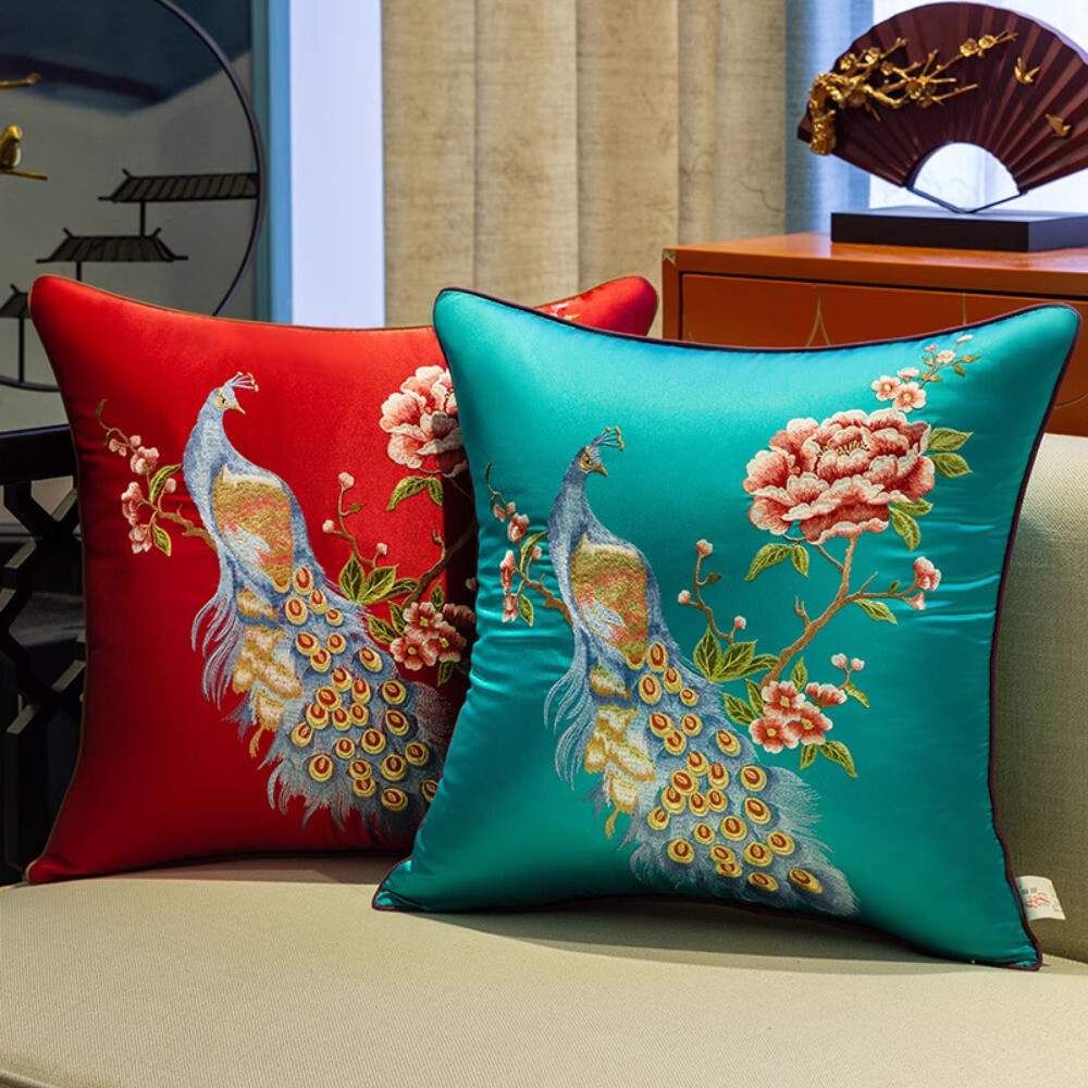 Satin Throw Pillow Case Covers Peacock Faux Silk Chinese Ethnic Embroidery