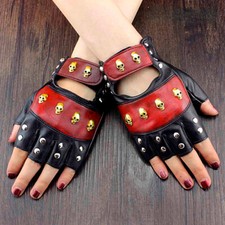 Vintage Leather Skull Studded Womens Driving Punk Rock Cosplay Fingerless