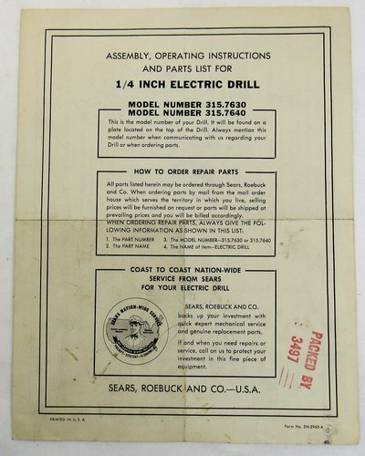 c1950 Sears Roebuck 1/4" Electric Drill Original Operating Instructions 315.7630