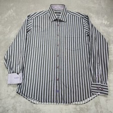 Bugatchi Uomo Shirt Mens Large Black Striped Long Sleeve Button Up Flip Cuff