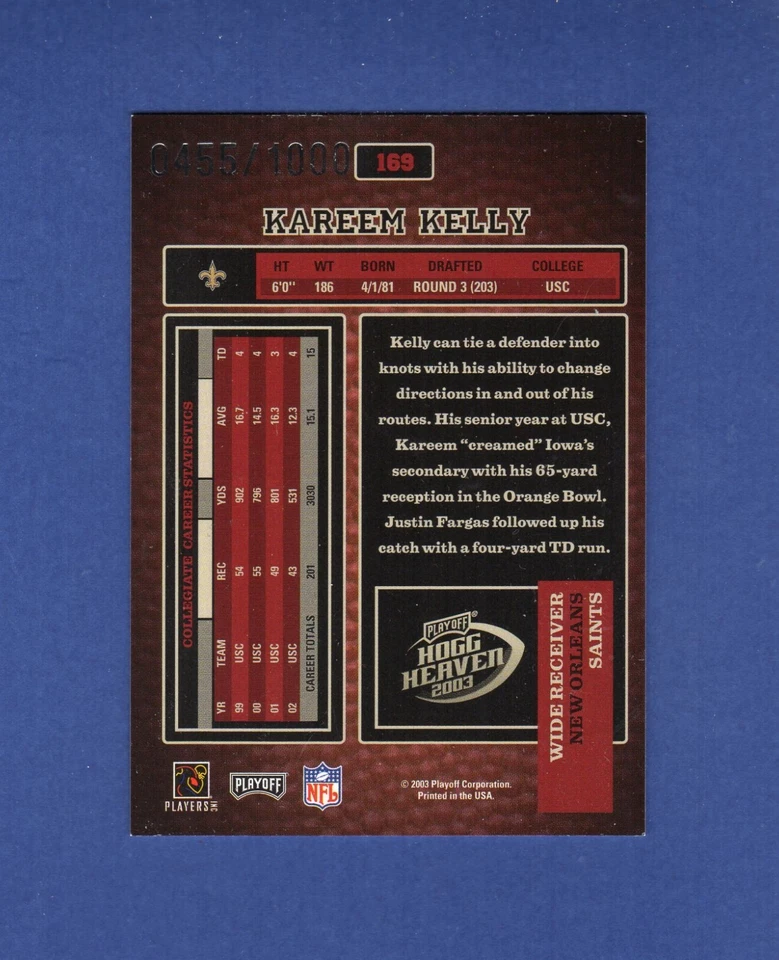 2003 Playoff Hogg Heaven KAREEM KELLY, Saints & USC uniquely numbered 0455/1000 - Image 2 of 2