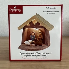 Dayspring 3-D Nativity Christmas Ornament Light Up Manger Jesus Mary Joseph