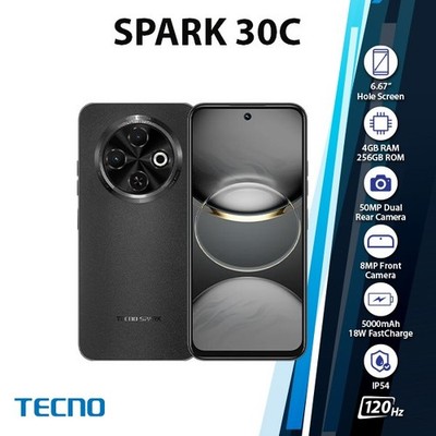 TECNO Spark 30C Android Cell Phone (Black/4GB+256GB/Dual SIM/Unlocked/NEW)