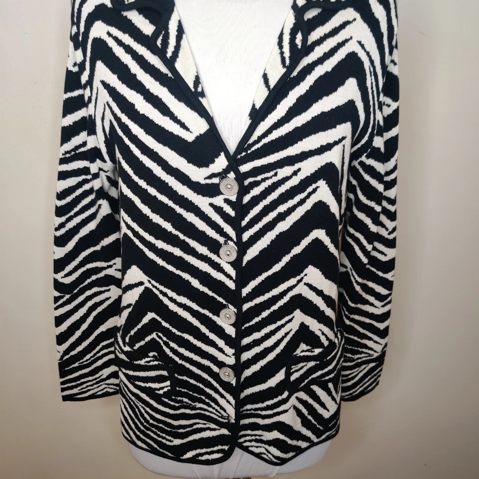 Cárdigan Suéter Chico's Talla 0/Pequeño Seda Algodón Cebra Rayas Tejido Elástico Foto 2 de 4