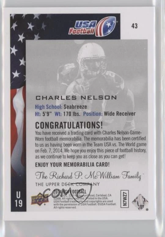 2014 Upper Deck USA Football Jerseys Patch /55 Charles Nelson #43 Patch - Image 2 of 2