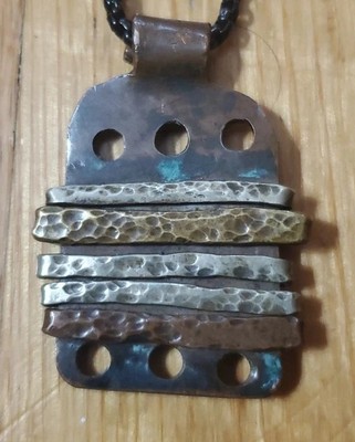 Vintage Mixed Metal Artisan Modernist Pendant Chain Necklace