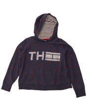 TOMMY HILFIGER Womens Crop Graphic Hoodie Jumper UK 16 Large Navy Blue DB04