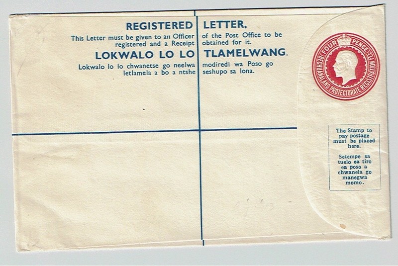 Bechuanaland Protectorate 1932 KGV 4d registration envelope.