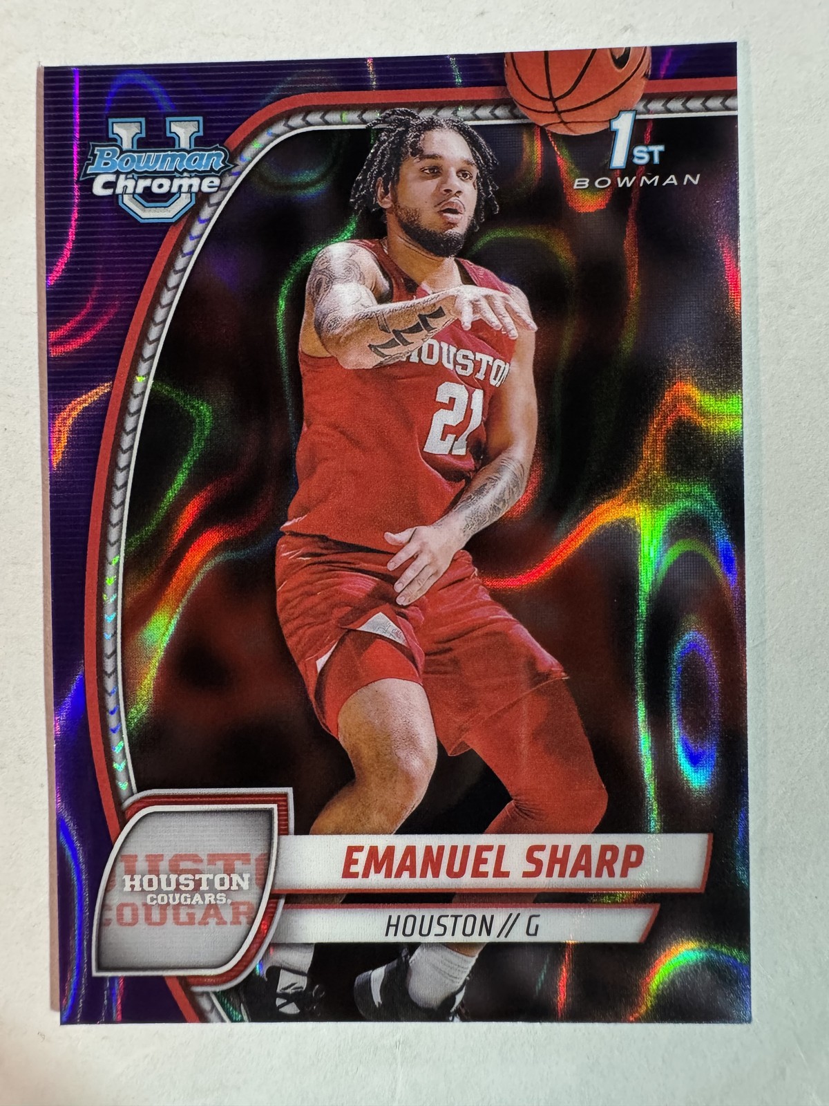 2024-25 Bowman University Chrome #23 Emanuel Sharp Purple Lava Refractor
