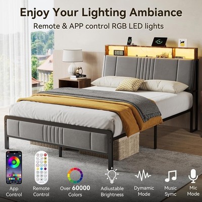 Queen Bed Frame with Ergonomic Headboard, Upholstered Metal Platform Bed Queen