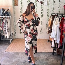 ASOS black and cream floral off-shoulder midi dress size 14