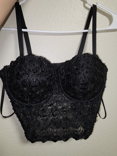 Black Floral Lace Longline Bustier Bra Top Semi-Sheer Spandex Size S B