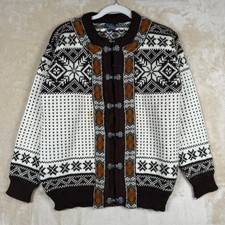 Dale of Norway Wool Cardigan Nordic Fair Isle Pewter Clasp Brown Cream Sz 42