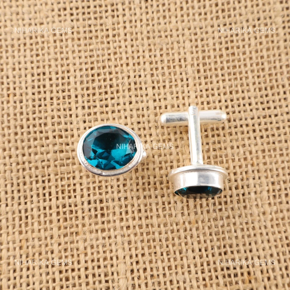 Gemelos artesanales de plata de ley 925 con piedras preciosas de apatita azul 0,59" Foto 3 de 4