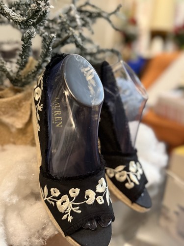 LAUREN RALPH LAUREN Womens CARMONDY EMBROIDERED FLOWERS Wedge SZ 7.5 Black - Picture 5 of 11