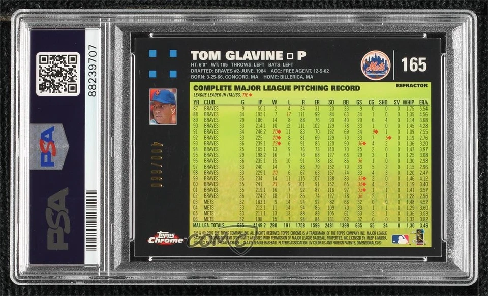 2007 Topps Chrome White Refractor /660 Tom Glavine #165 PSA 8 HOF - Image 2 of 2