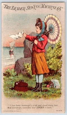 1880's LEADER SEWING MACHINE GIRL SEASIDE CLAY & RICHMOND VICTORIAN TRADE CARD