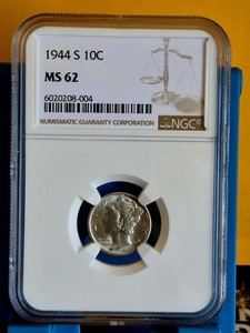 1944-S 10c Mercury Dime - NGC MS 62 Certifique 