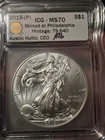 2015 (P) SILVER EAGLE ICG MS70 MINTED AT PHILADELPHIA MINTAGE 79,640 Gold Ribbon