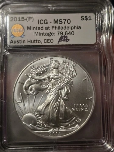 2015 (P) SILVER EAGLE ICG MS70 MINTED AT PHILADELPHIA MINTAGE 79,640 Gold Ribbon