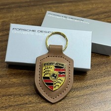 GENUINE PORSCHE 911 LEATHER CREST KEY RING FOB CHAIN BROWN - NEW IN BOX 2026