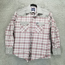 Wrangler Shirt Mens Large Gray Red Canvas Brushpopper Long Sleeve Pearl Snap