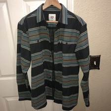 Katin Shirt Men LG Wide Stripe Green Brown Button Up Flannel Surfing Cotton