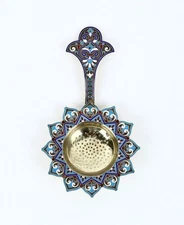 Late 19th/Early 20th C. Russian Zolotnik Silver and Cloisonne Tea Strainer 61.4g