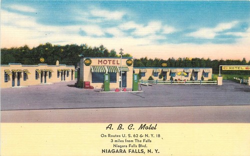 Linen Postcard A.B.C. Motel, Niagara Falls NY US Route 62 & NY 18 Gas Pumps - 第 1/2 張圖片