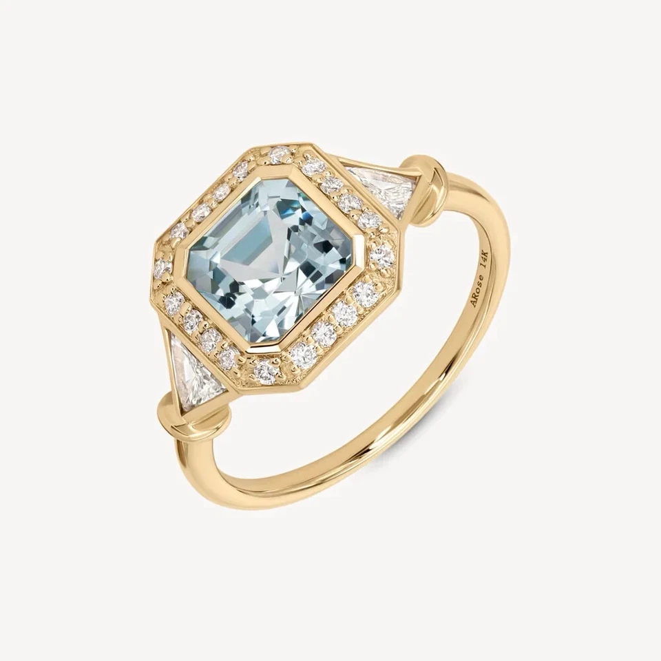 4Ct Asscher Cut Simulated Aquamarine/CZ Women Fancy Ring 14K Yellow Gold Plated - Image 3 of 4