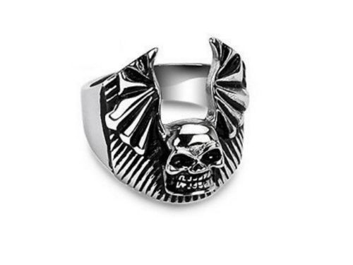 Bague biker tête de mort et ailes en acier inoxydable 316L argenté pour homme