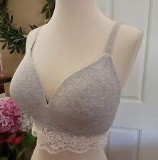 Ambrielle Bra Natural Comfort Wire Free With Lace Trim Gray White 36C Cotton