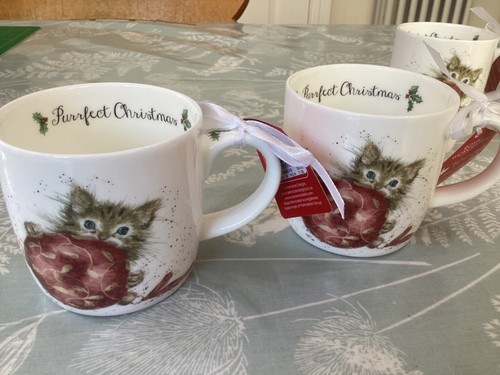 Royal Worcester Wrendale Purrfect Weihnachtskätzchen Katze ZWEI Tassen Neu Best + Etikett